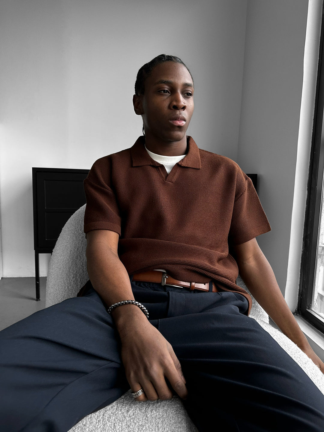 Oversize Collar Ribbed Knit T-Shirt - Dark Brown