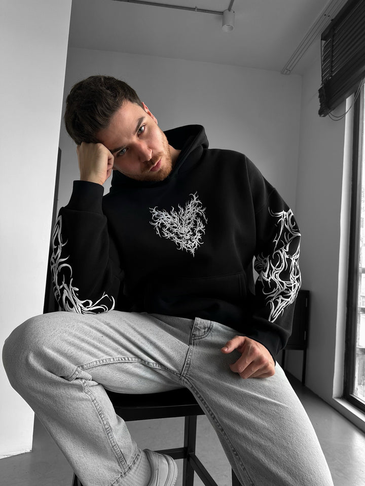 Oversize Tribal Skull Hoodie - Black
