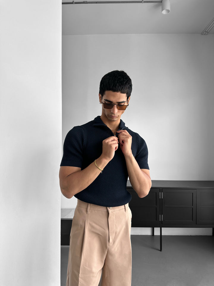 Slim Fit Mock Neck Zip T-shirt - Navy Blue