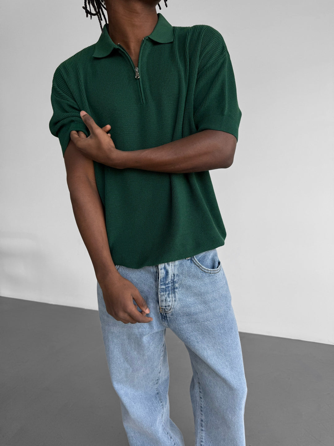 Oversize Zipper Knit Polo T-shirt - Emerald