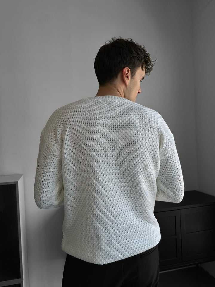 Regular Fit Textured Torn Sweater - White