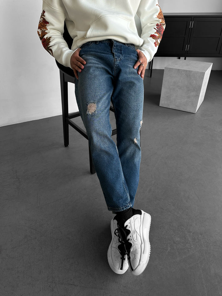 Boyfriend Washed Torn Jeans - Dark Blue