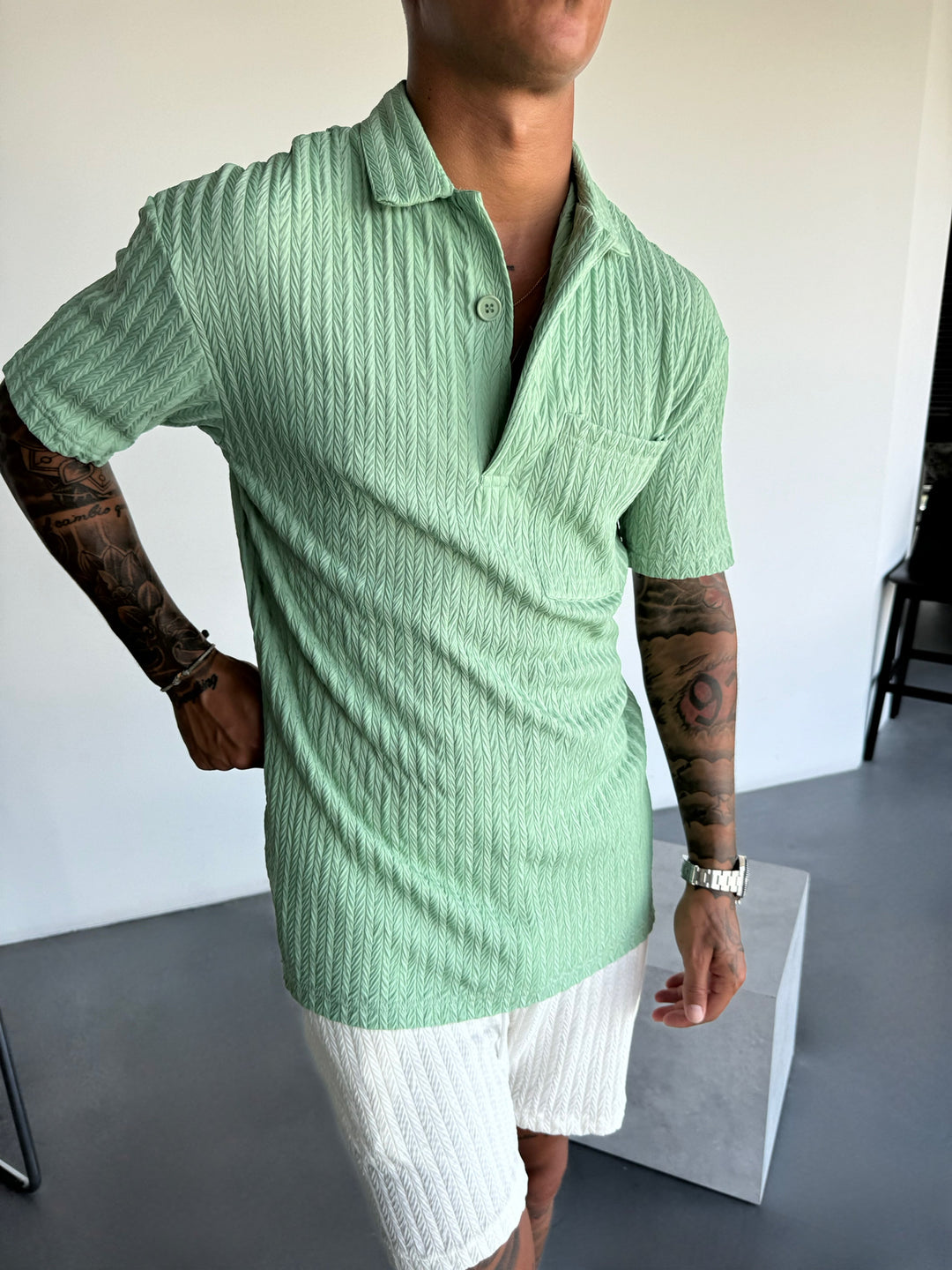 Oversize Structured Polo T-Shirt - Quiet Green