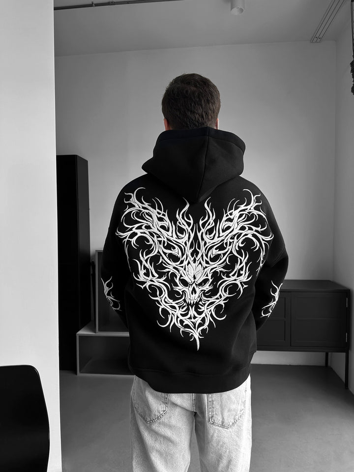 Oversize Tribal Skull Hoodie - Black