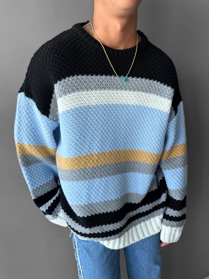 Oversize Striped Knit Sweater - Baby Blue