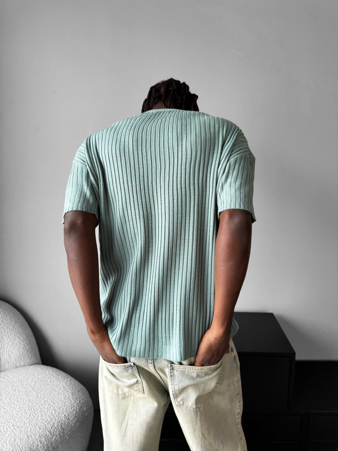 Loose Fit Ribbed Knit T-Shirt - Mint