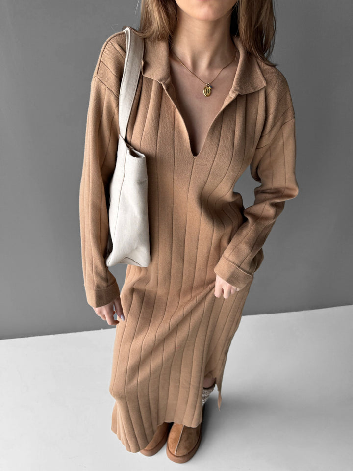 Long Polo Knit Dress - Camel