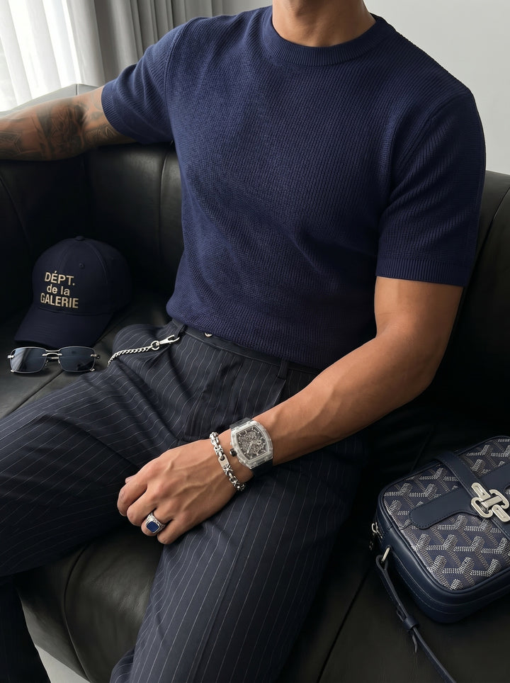 Oversize Knit T-Shirt - Navy Blue
