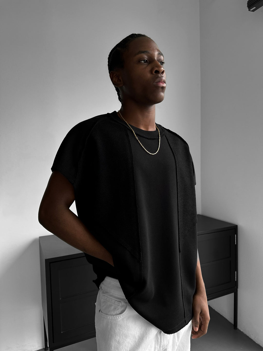 Oversized Batwing Seam-Detail T-Shirt - Black