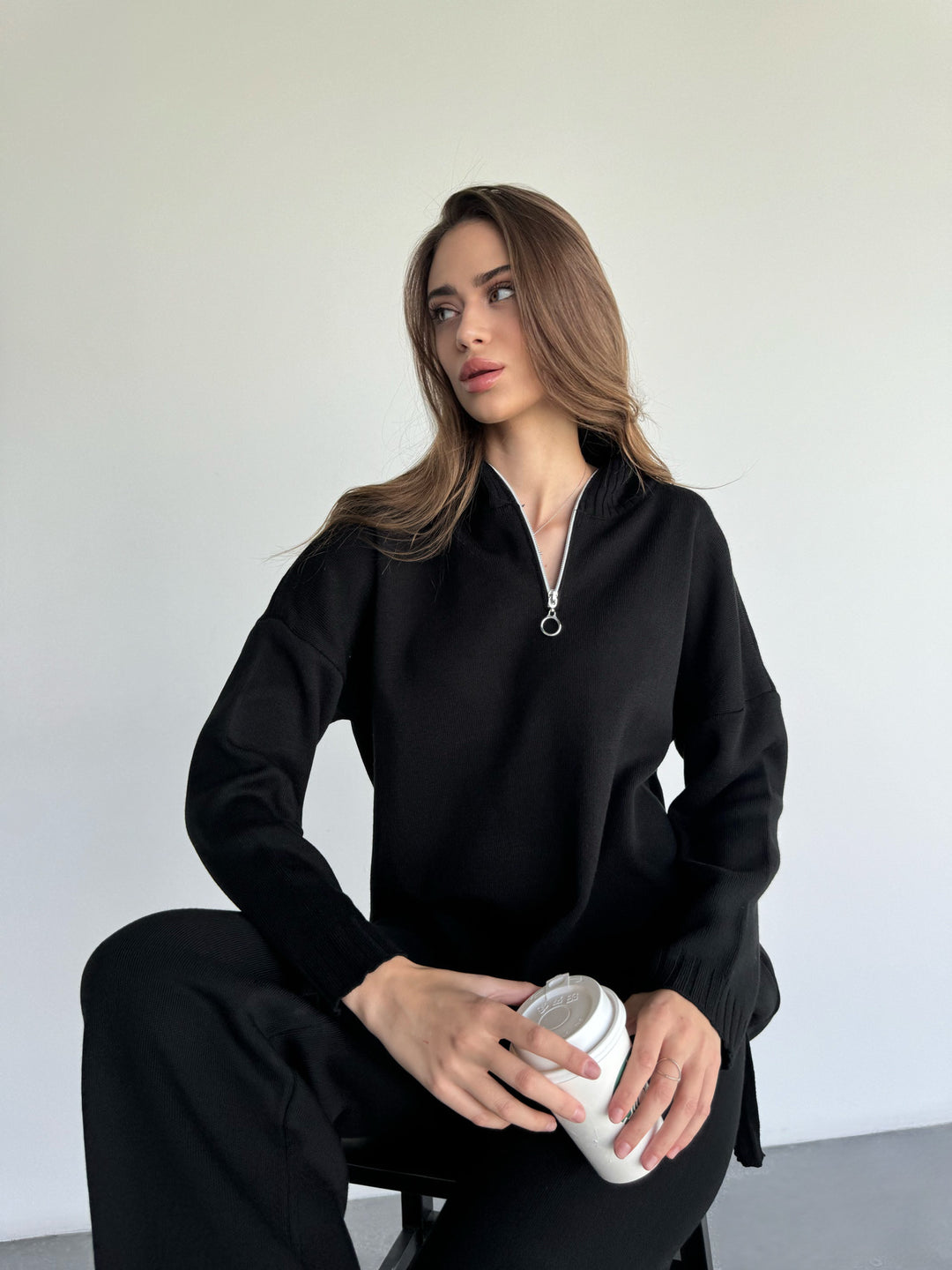 Oversize Long Zipper Pullover - Black