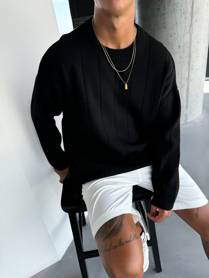 Oversize Lines Knit Sweatshirt - Black