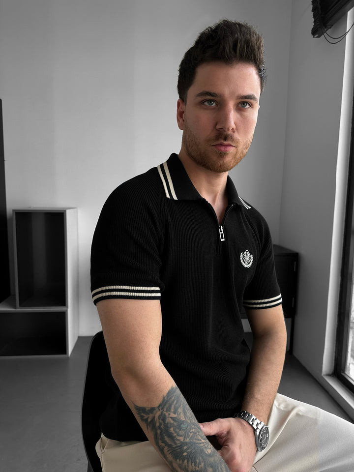 Slim Fit Half-Zip Embroidered Polo T-shirt - Black