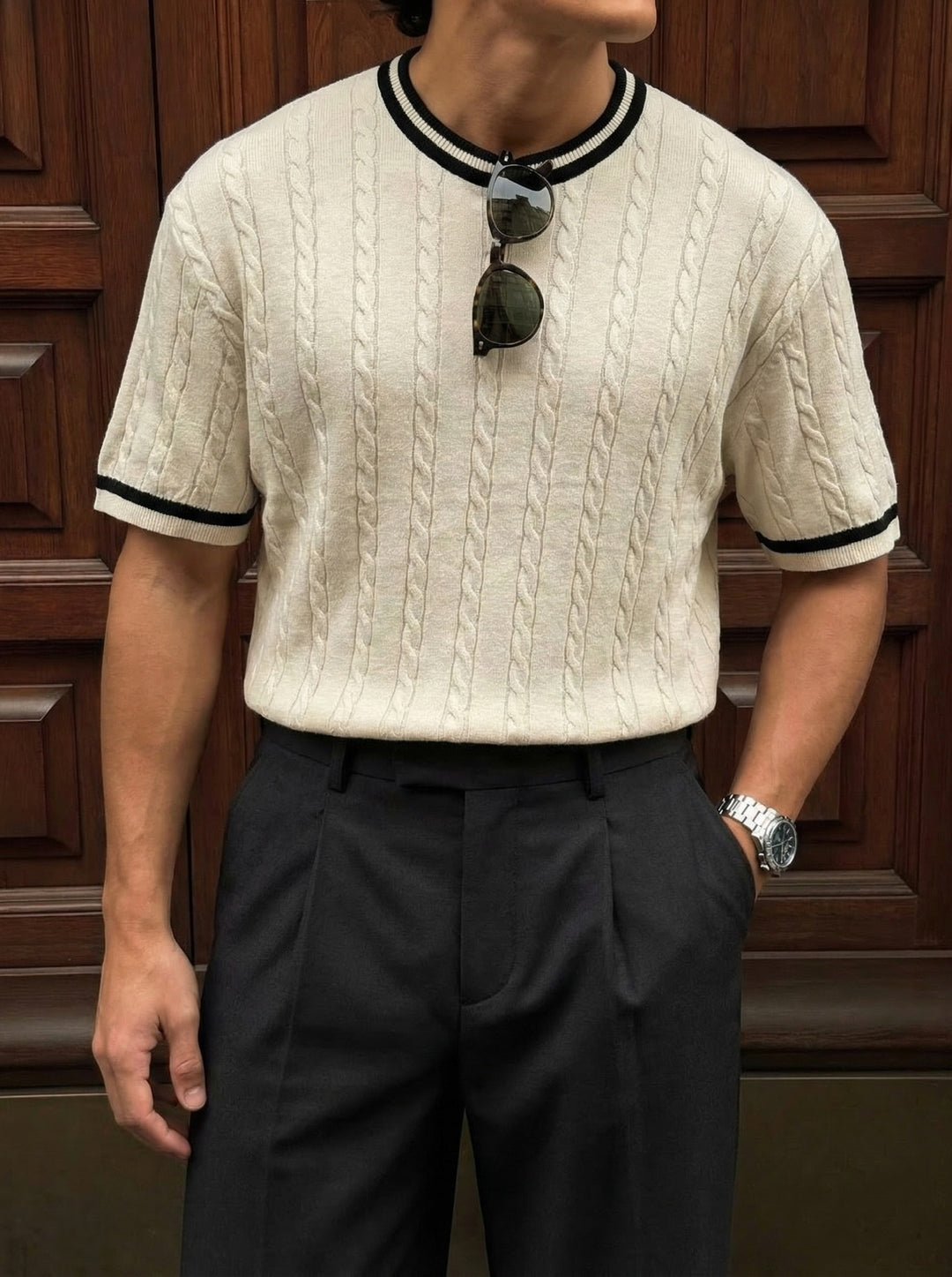 Regular Fit Braid Knit T-shirt - Cream