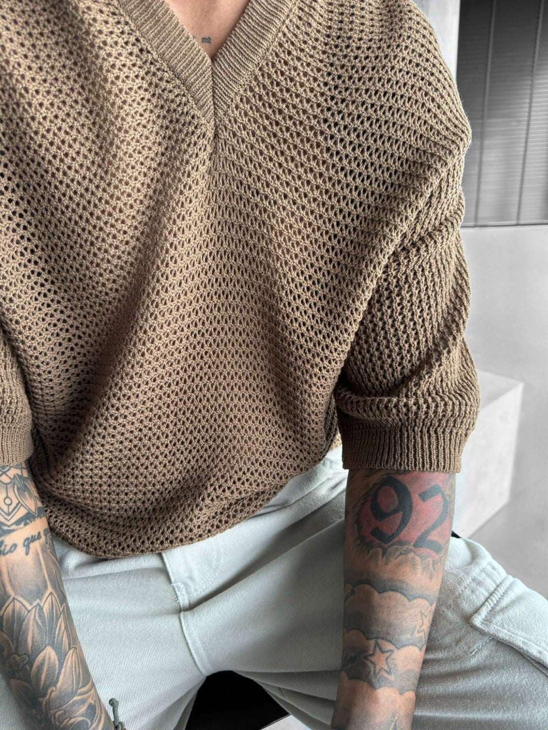 Oversize V Neck Knit T-shirt - Brown