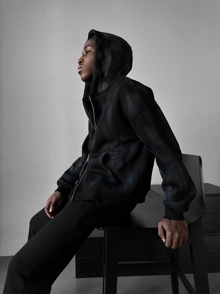 Oversize Effect Washed out Zipper Hoodie - Black