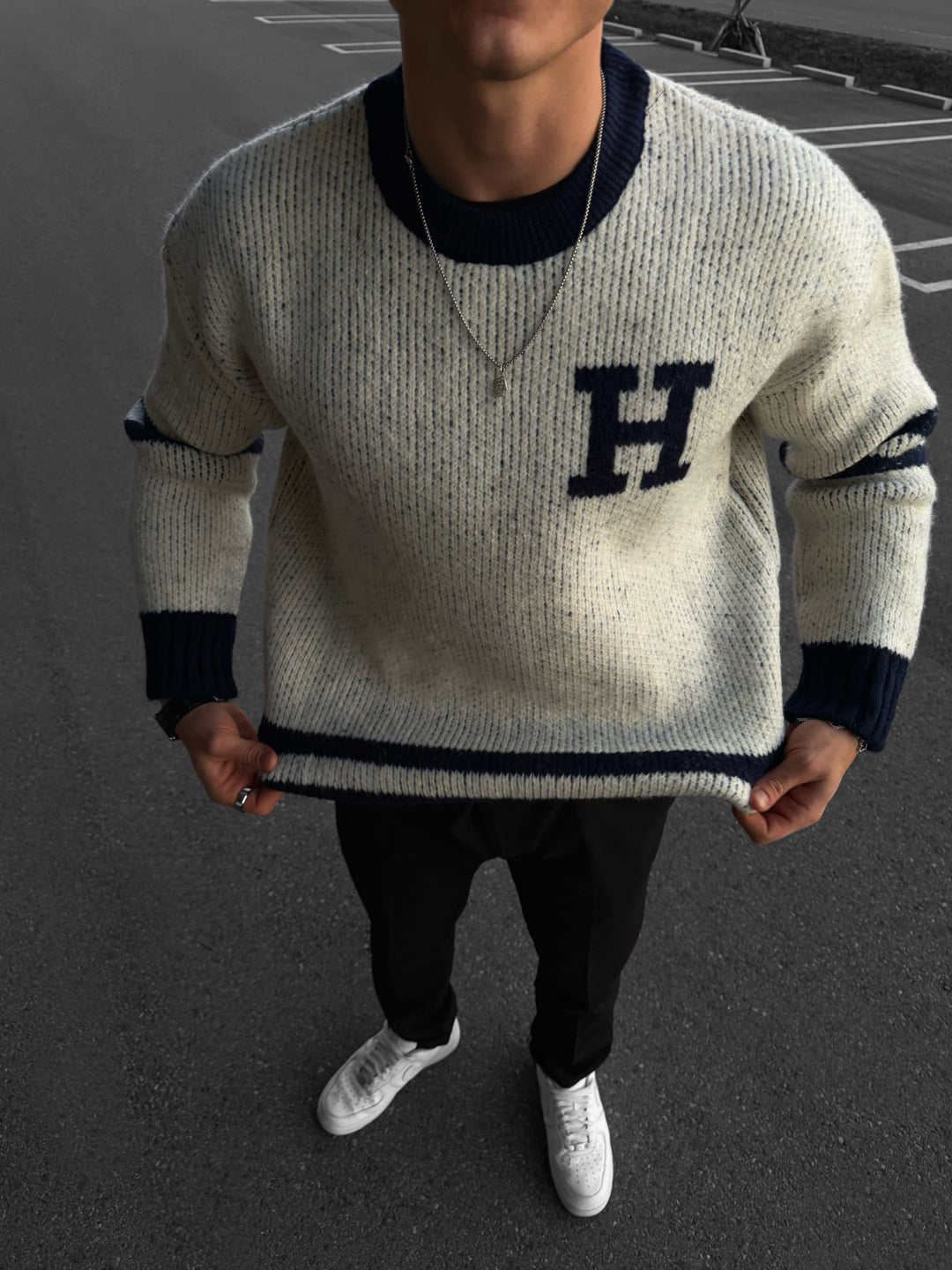 Oversize Knit Letter Sweater - Navy Blue