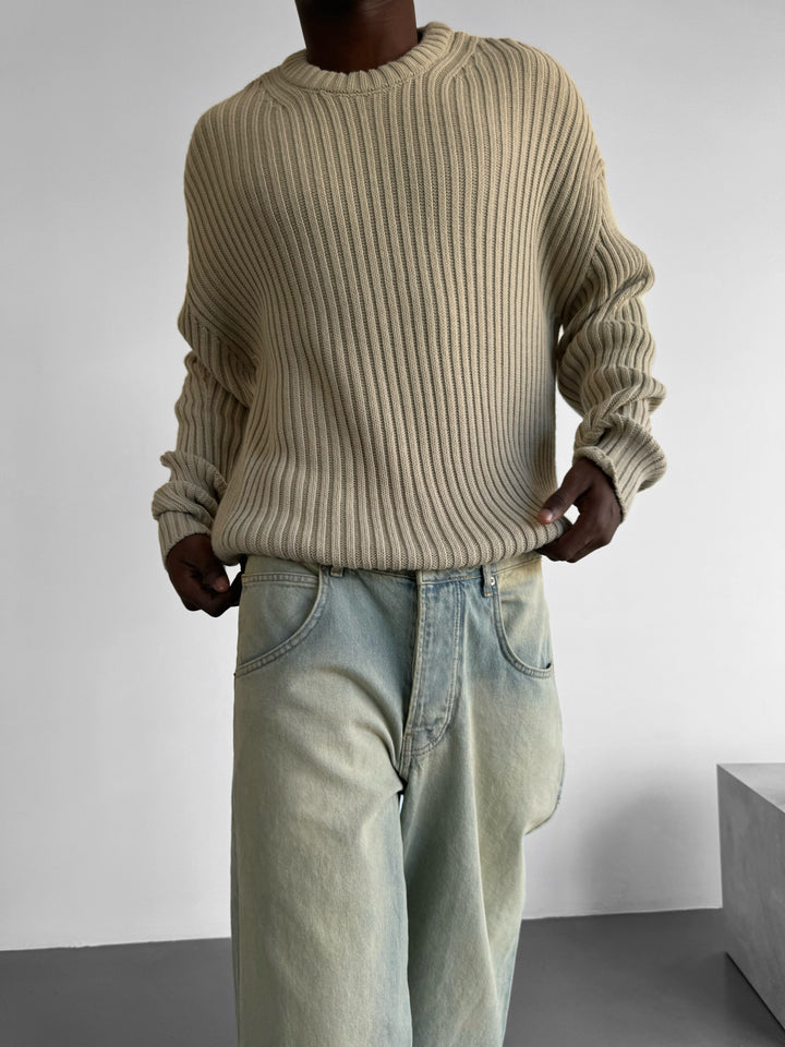 Loose Fit Striped Structure Pullover - Stone