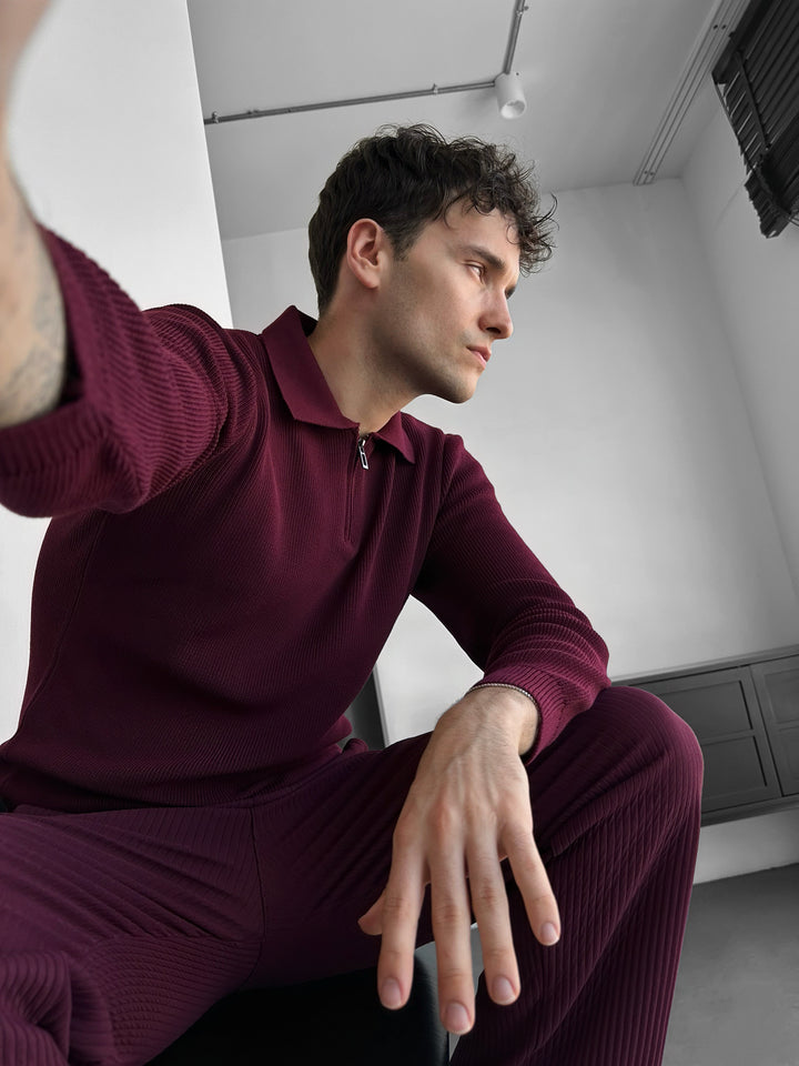 Loose Fit Polo Knit Sweater - Bordeaux