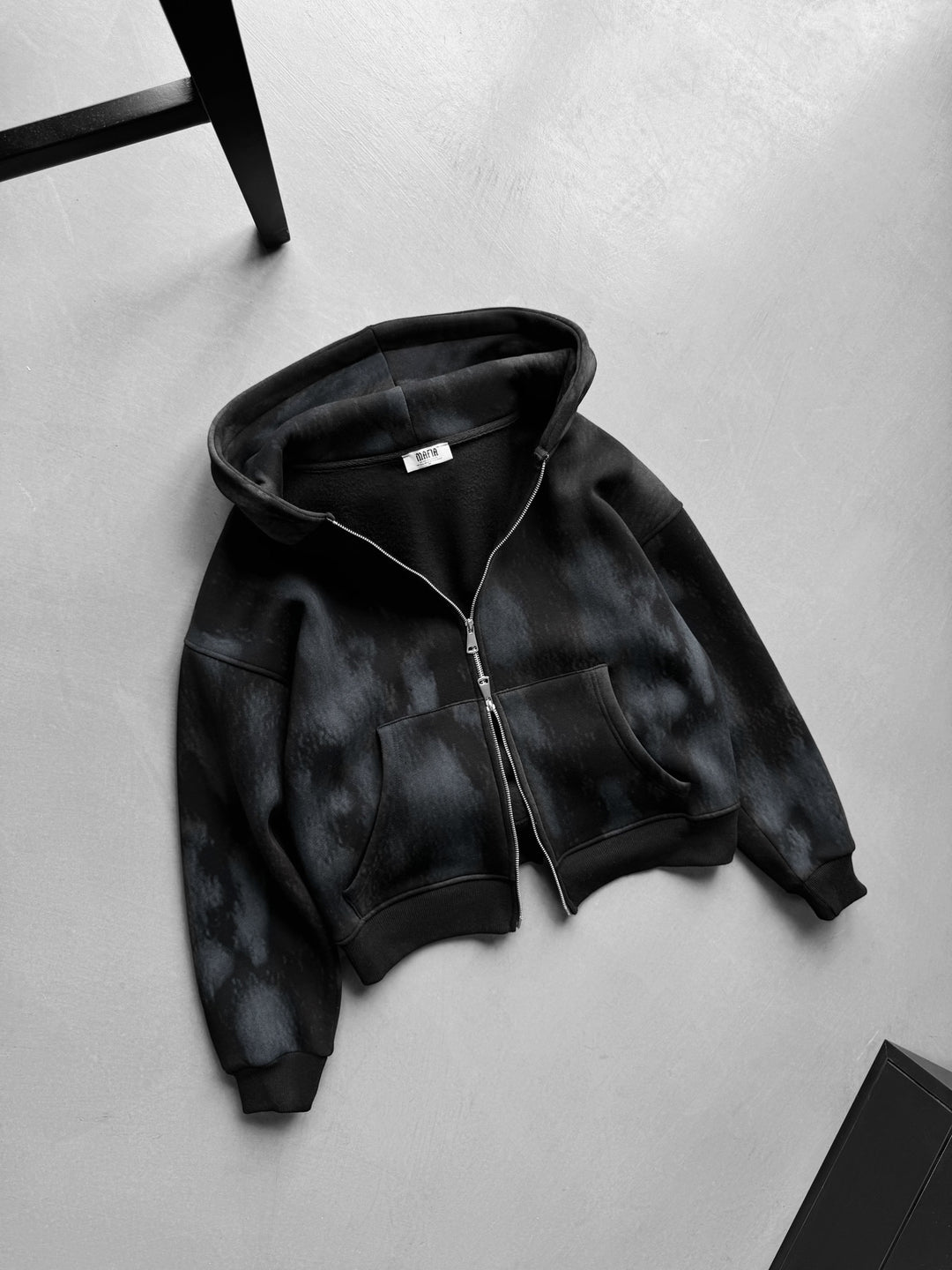 Oversize Effect Washed out Zipper Hoodie - Black