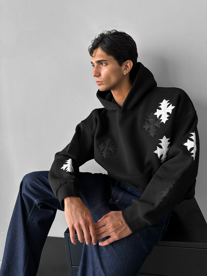 Oversize Gothic Cross Hoodie - Black