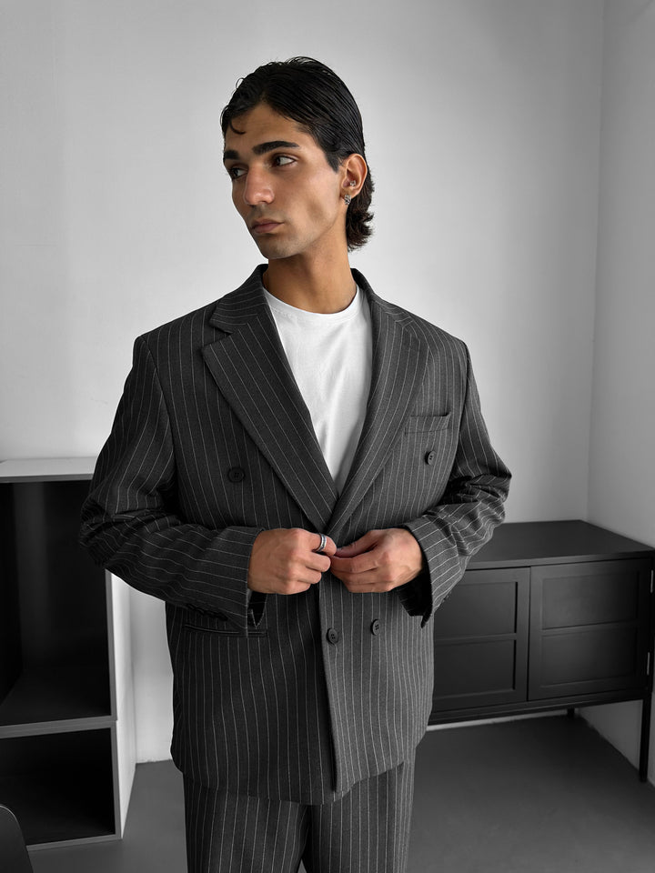 Oversize Pinstripe Double-Breasted Suit - Anthracite