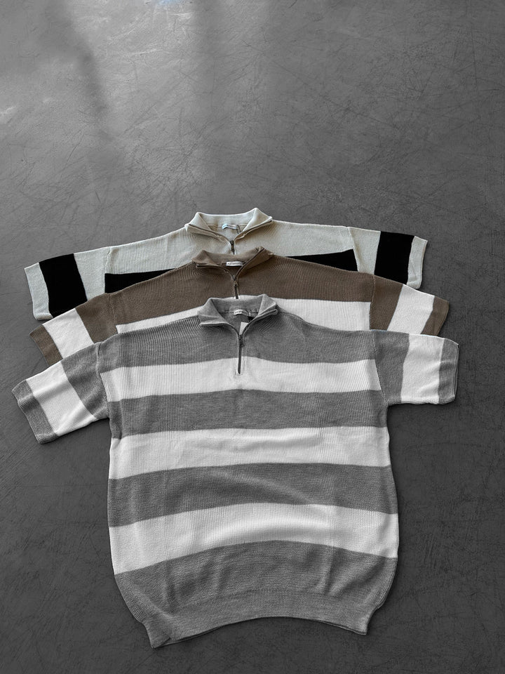 Regular Striped Knit T-shirt - Grey