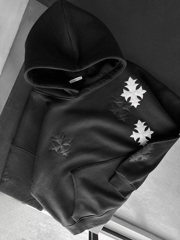 Oversize Gothic Cross Hoodie - Black