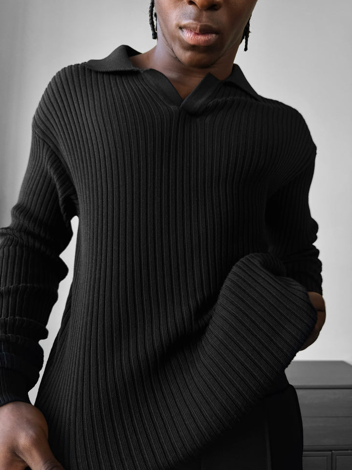 Slim Fit Knit Polo Sweater - Black