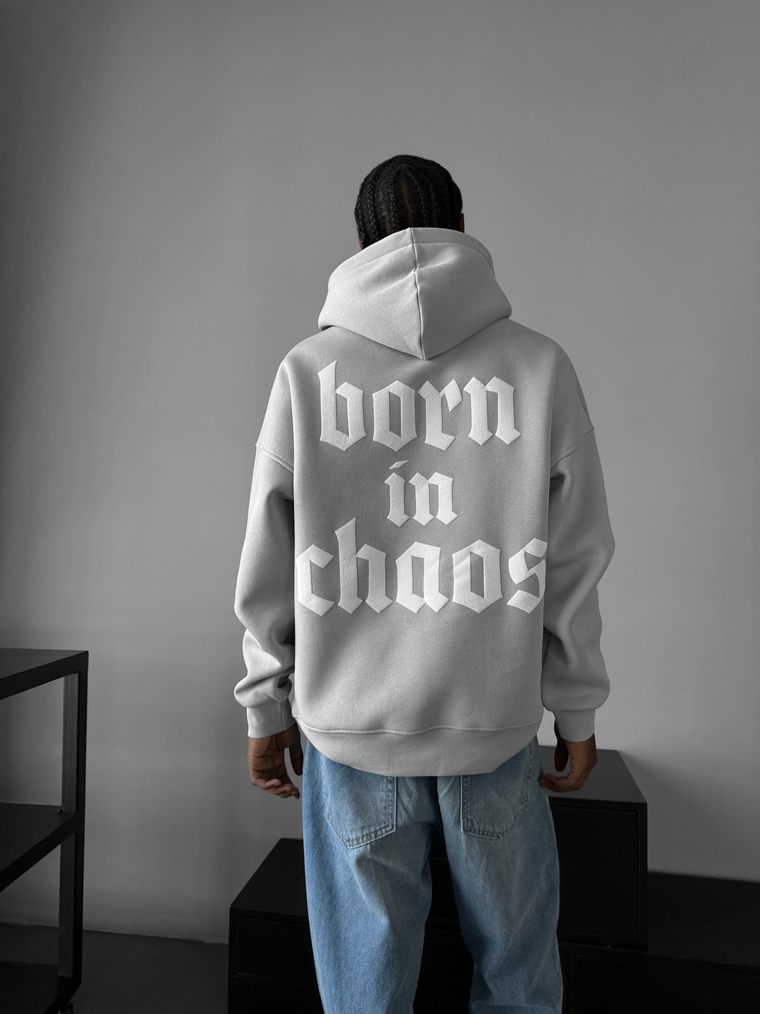 Oversize “Born in Chaos” Hoodie - Grey