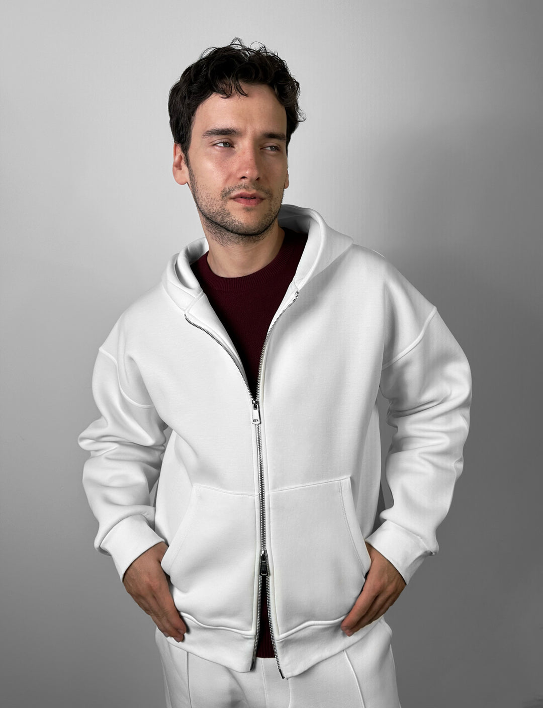 Loose Fit Double-Zip Hoodie - Ecru