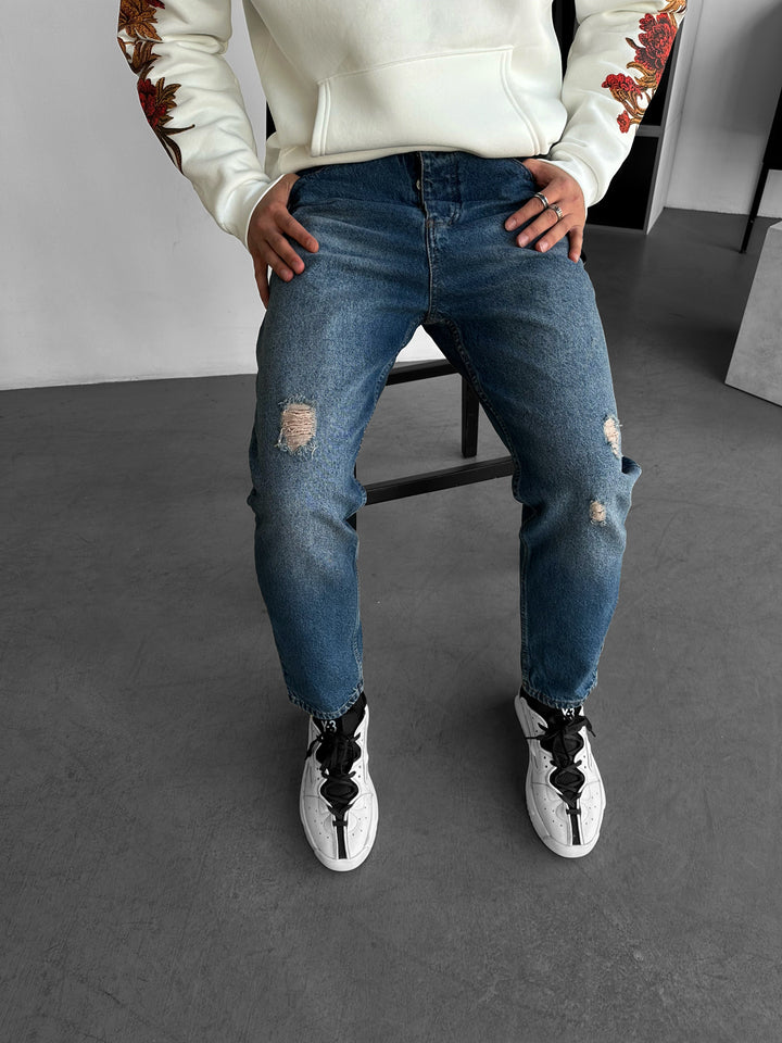 Boyfriend Washed Torn Jeans - Dark Blue