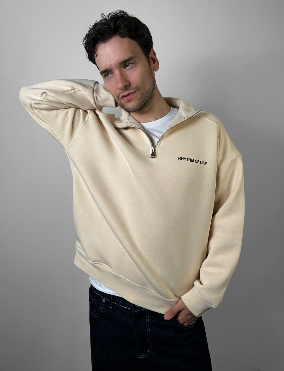 Oversize Half-Zip Motto Sweatshirt - Beige