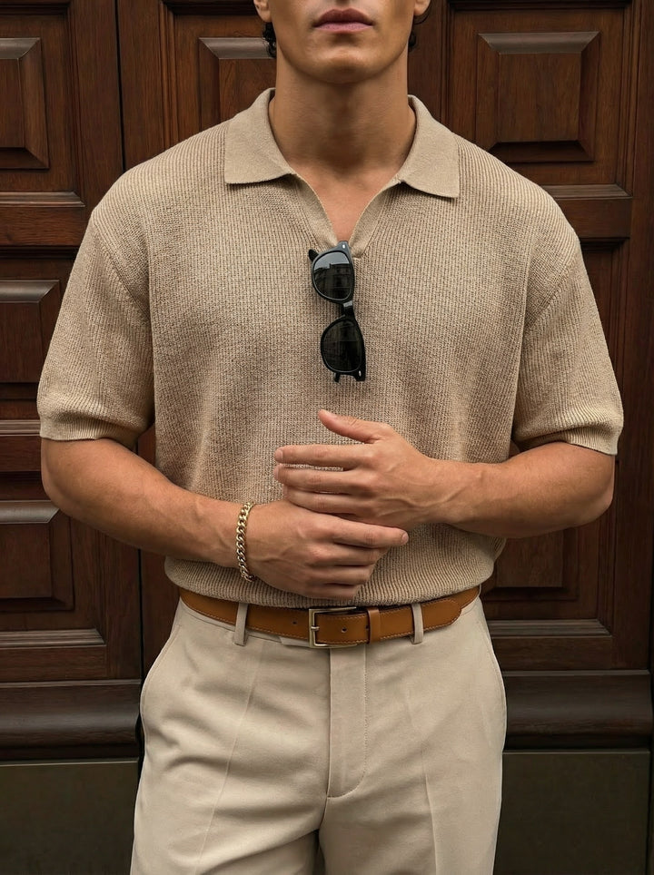 Loose fit fine knit collar T-Shirt - Brown