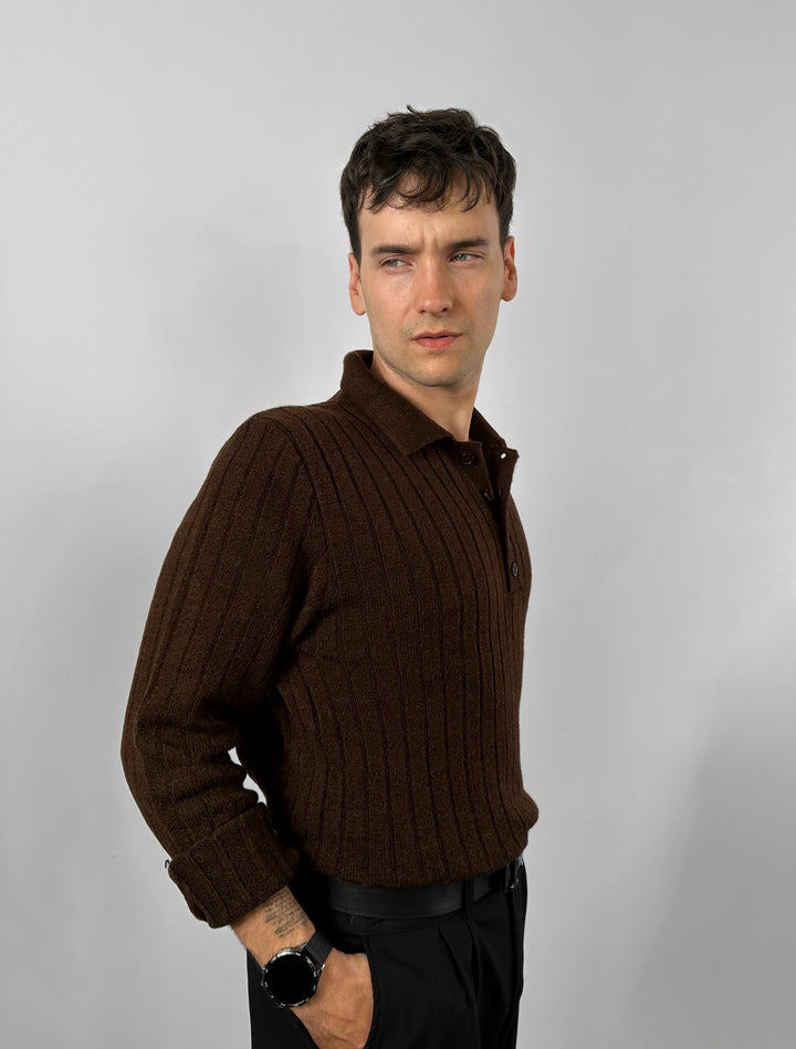 Loose Fit Polo Knit Pullover - Brown