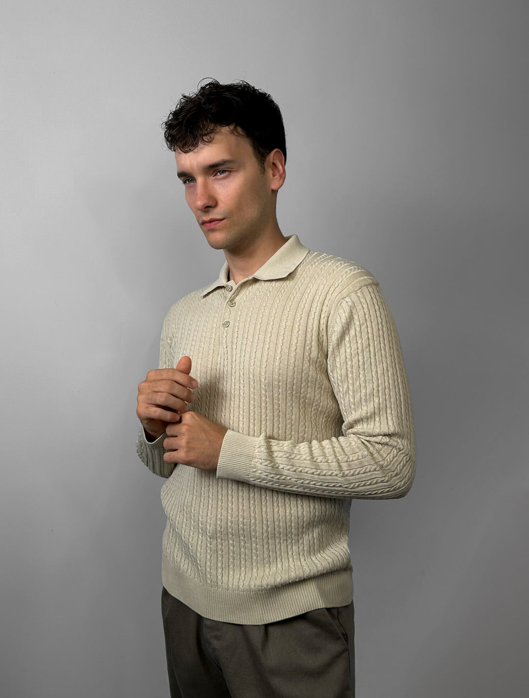 Slim Fit Textured Polo Knit Sweater - Beige