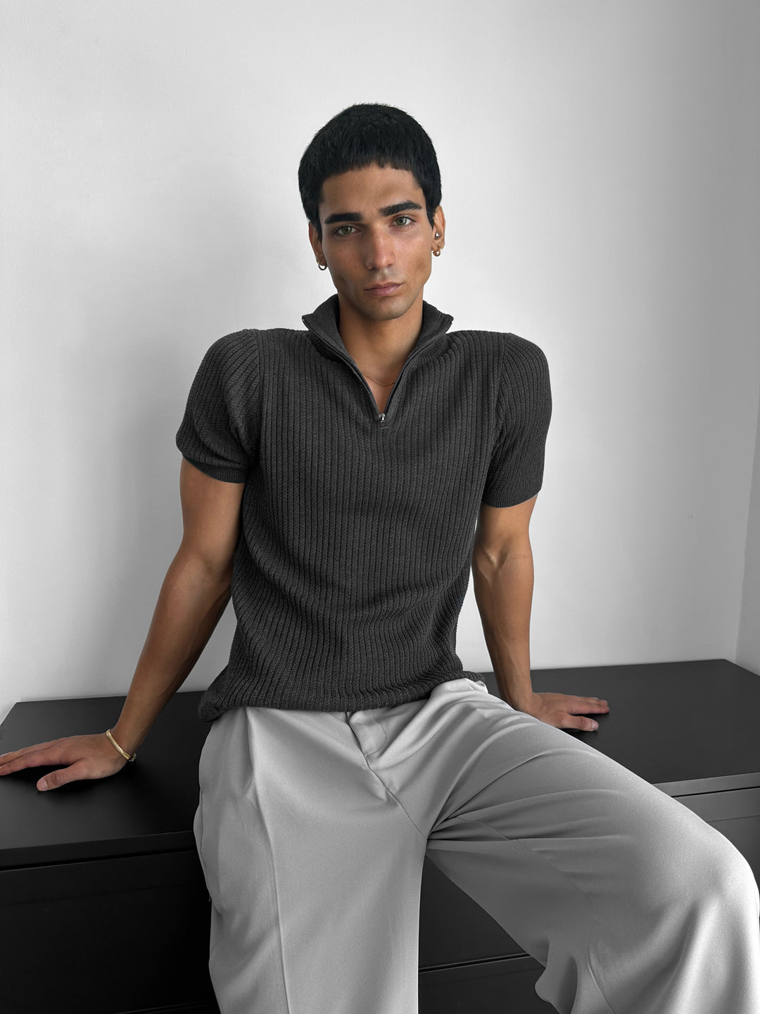 Slim Fit Mock Neck Zip T-shirt - Anthracite