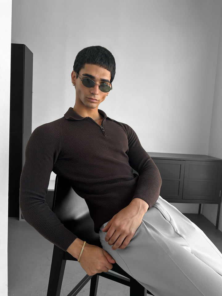 Slim Fit Knit Zipper Polo Sweater - Dark Brown