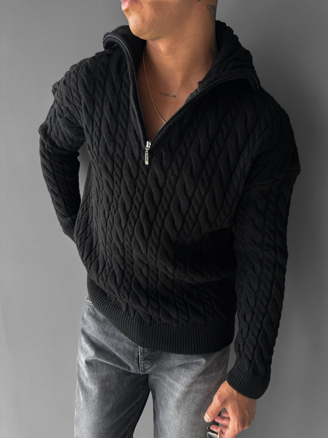 Oversize Collar Braid Zipper Pullover - Black
