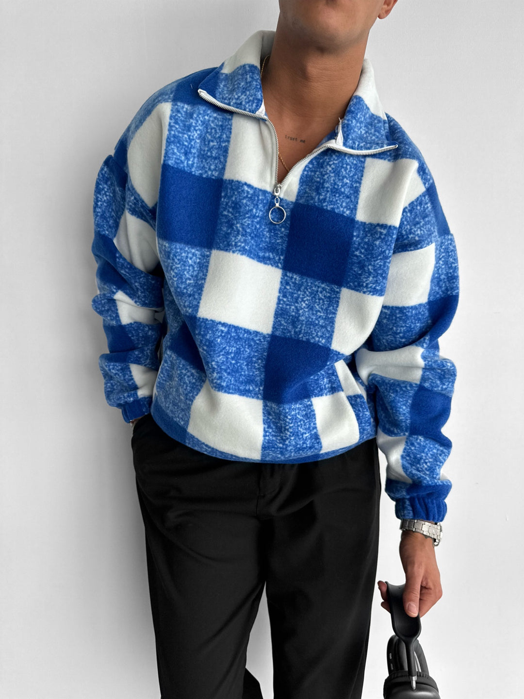 Oversize Checked Zipper Pullover - Saks Blue
