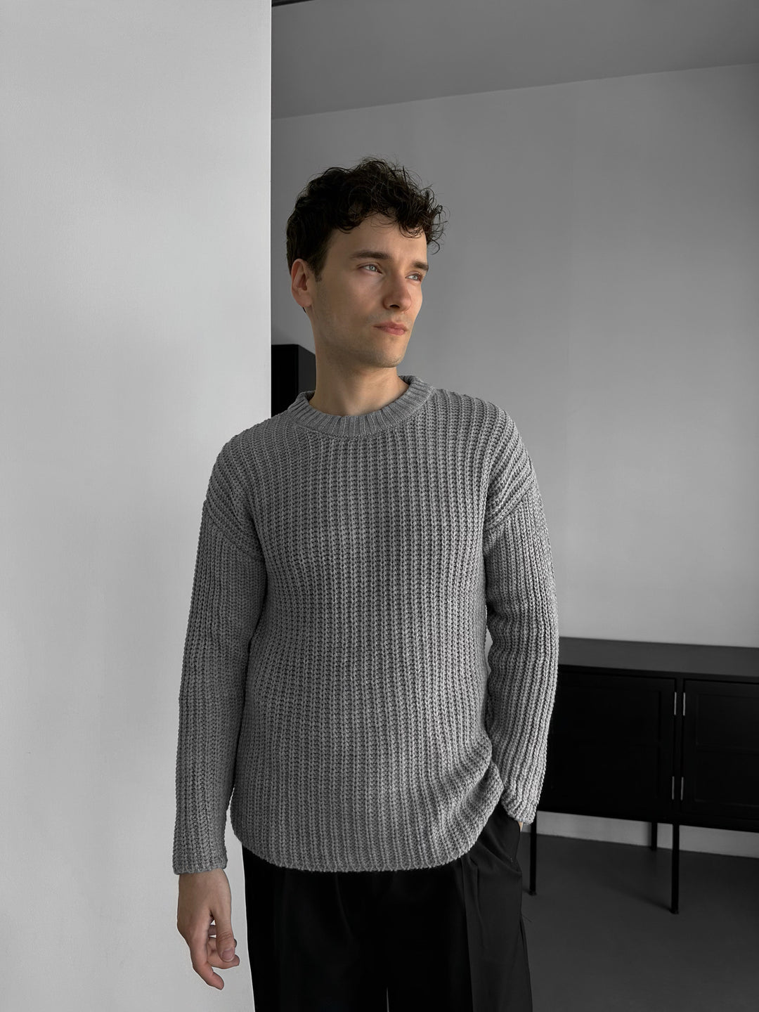 Slim Fit Braid Knit Sweater - Grey