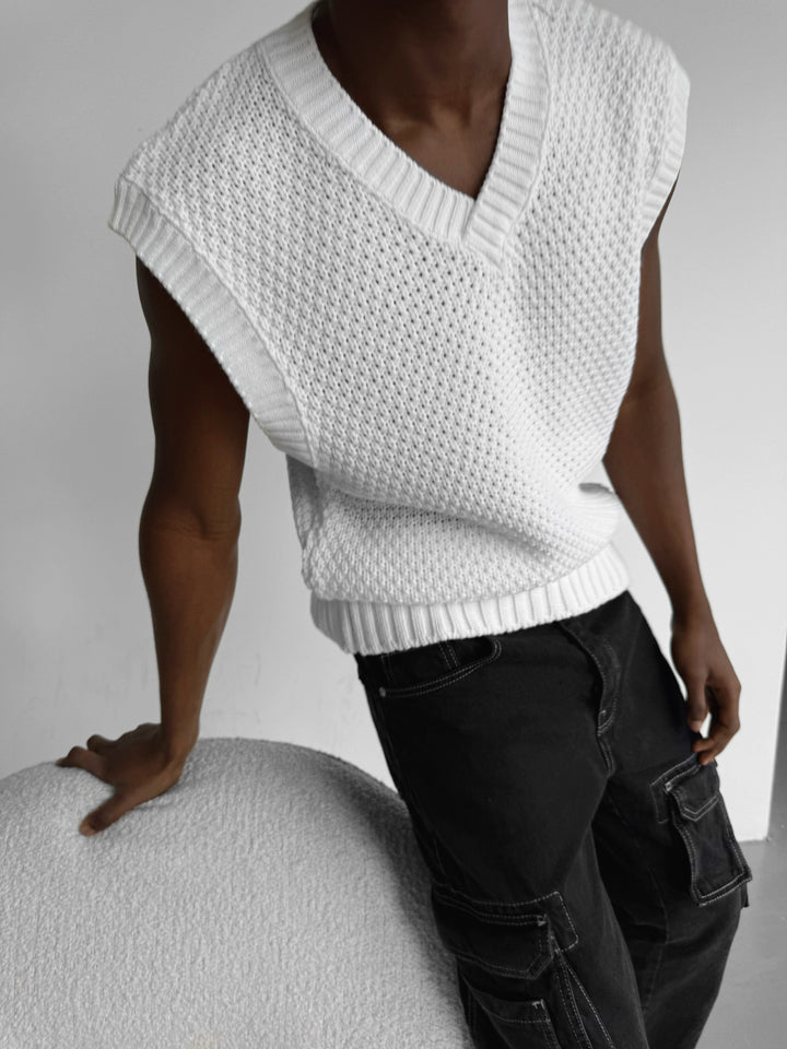 Loose Fit Knotted V Neck Pullunder - White