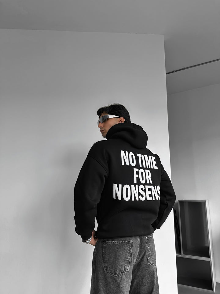 Oversize “No Time for Nonsense” Hoodie - Black and White