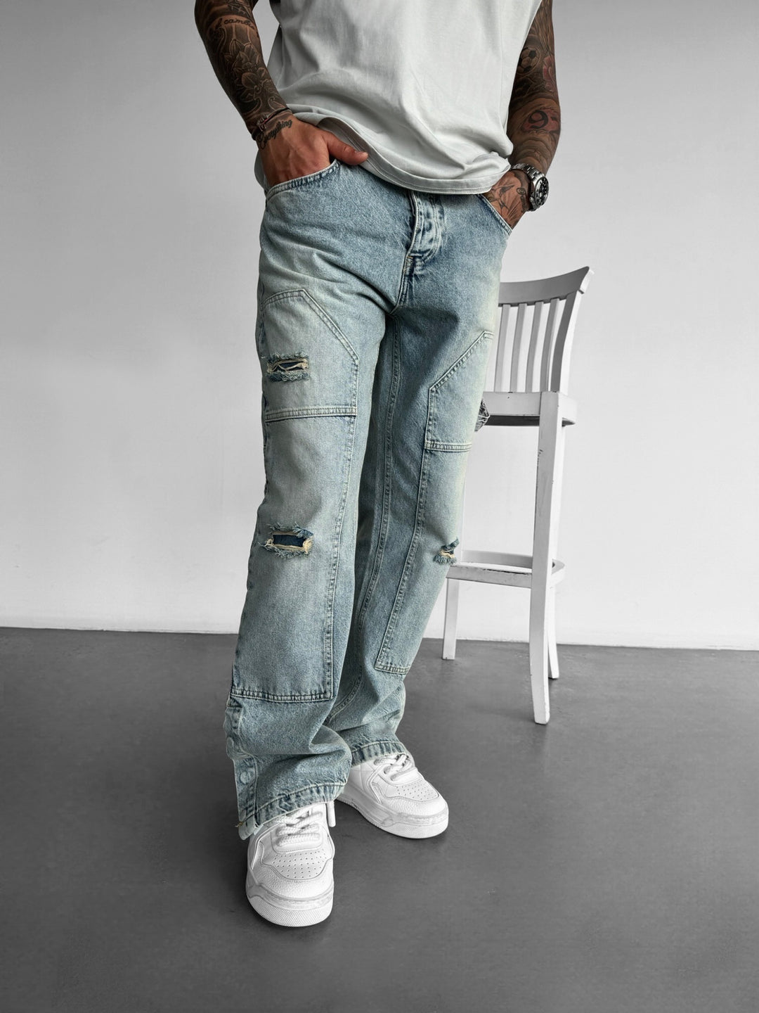 Baggy Torn Patch Jeans - Blue
