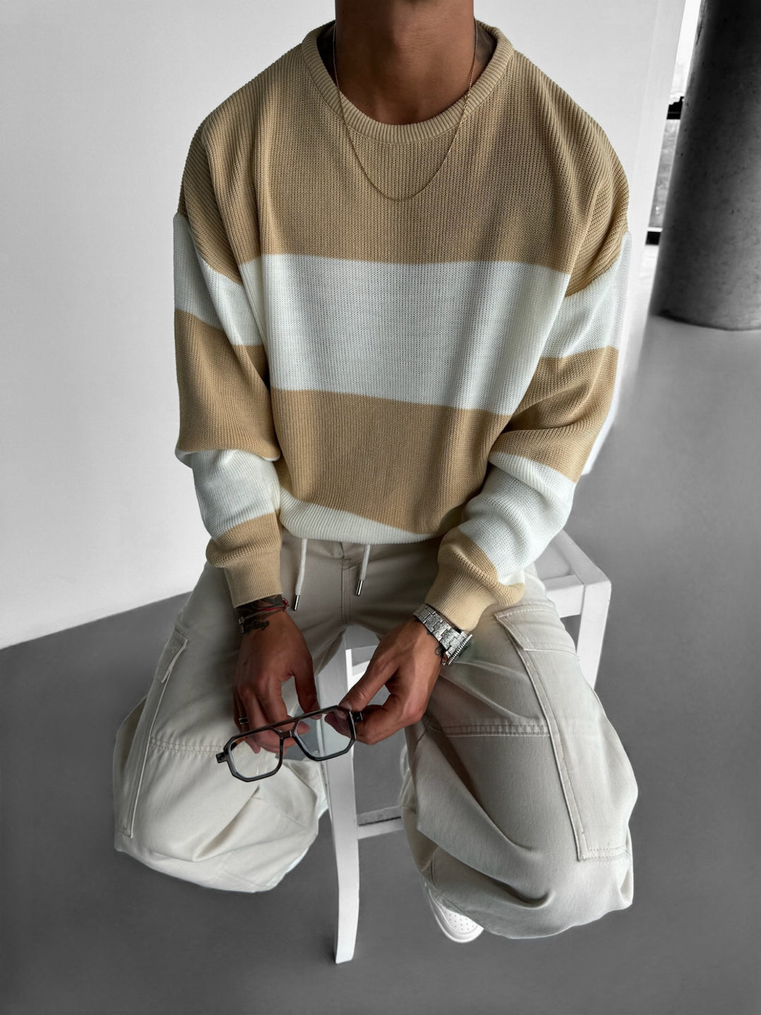 Loose Fit Strip Knit Sweater - Camel