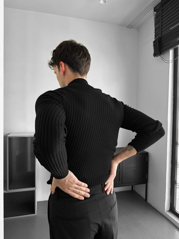 Slim Fit Mock Neck Knit Sweater - Black