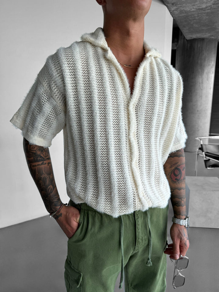Oversize Hairy Lines Knit Shirt - Ecru
