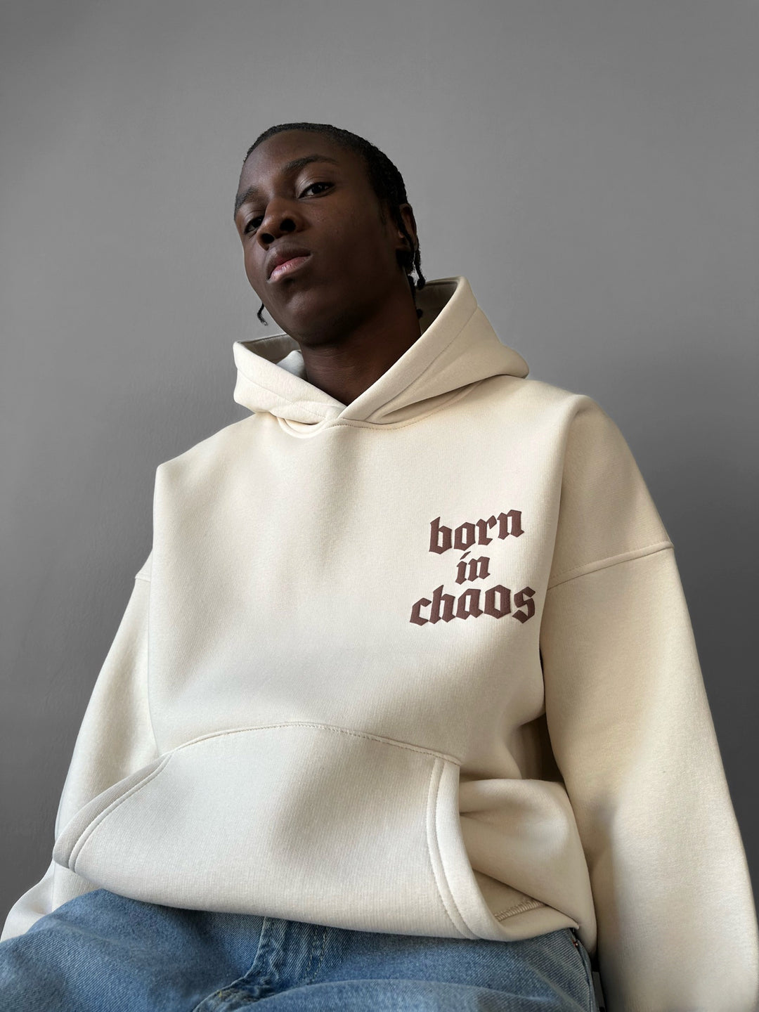 Oversize “Born in Chaos” Hoodie - Beige
