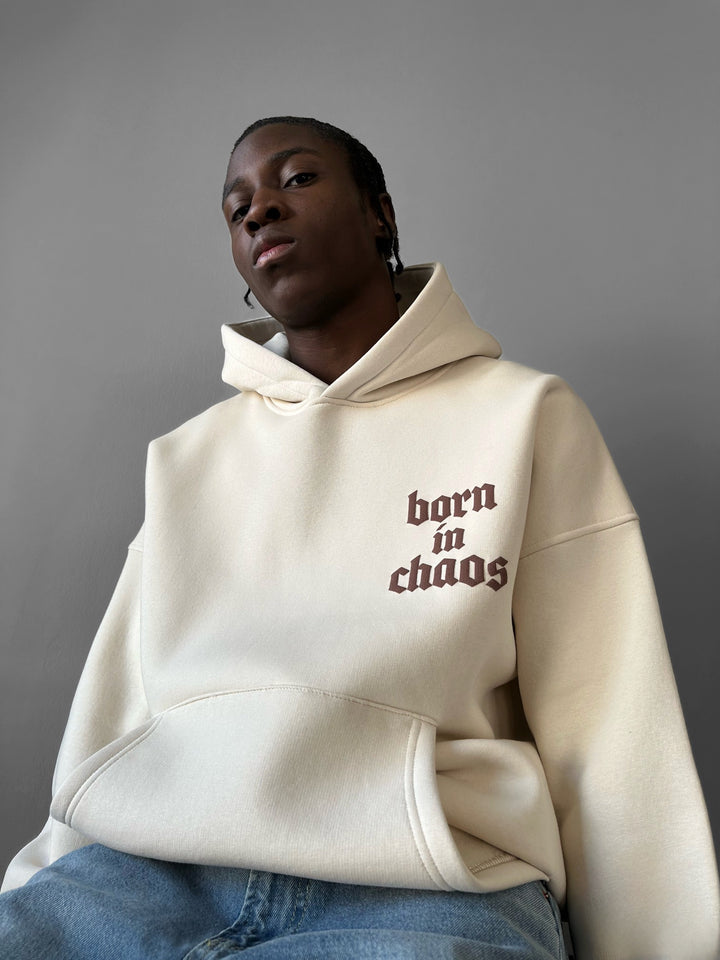 Oversize “Born in Chaos” Hoodie - Beige