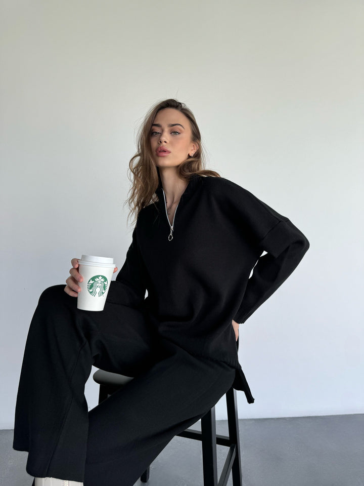 Oversize Long Zipper Pullover - Black