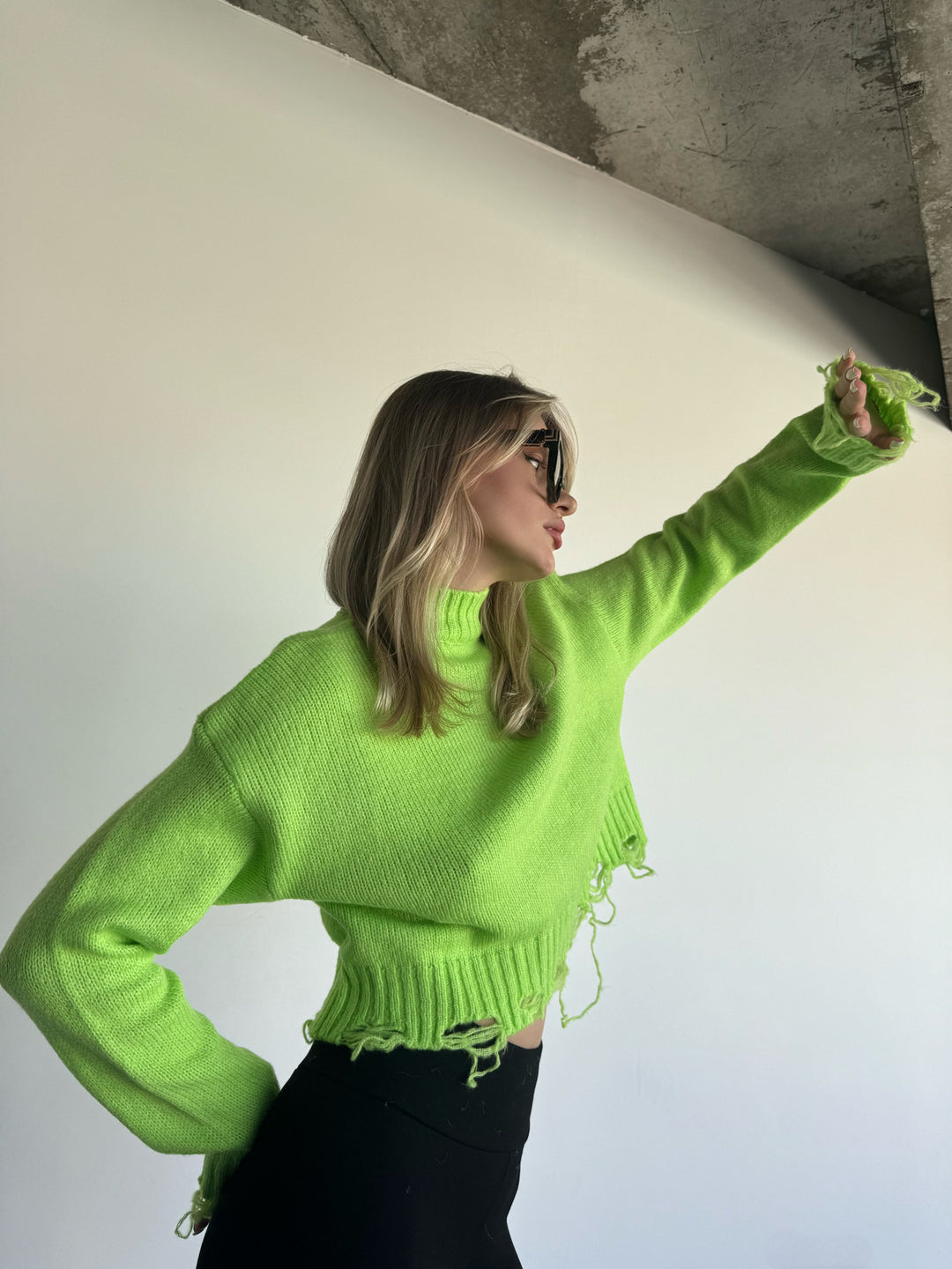Half Collar Sweater With Fray - Apple Green